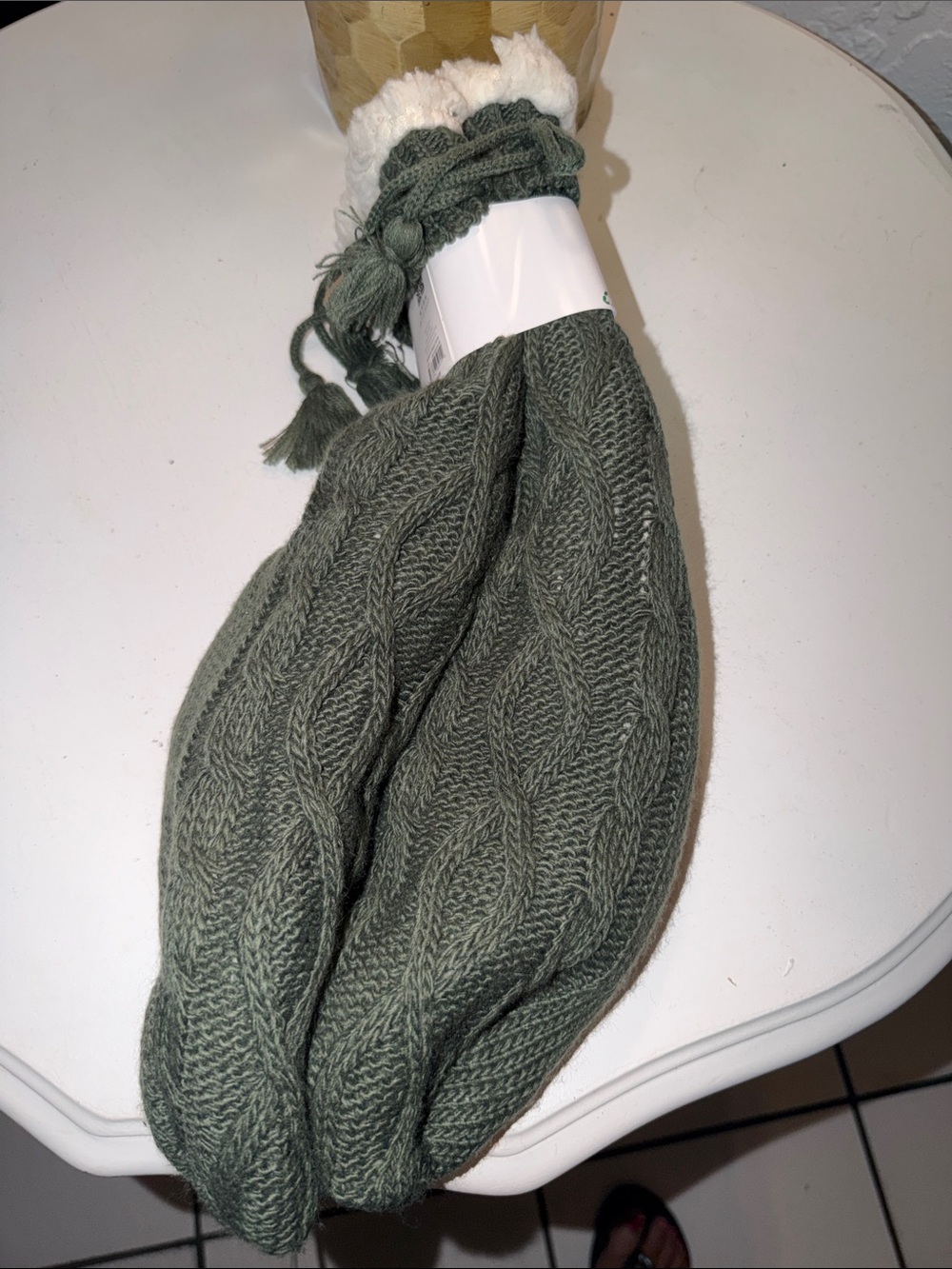 Cozy Cable-Knit Olive Green Fuzzy-Lined Slipper Socks